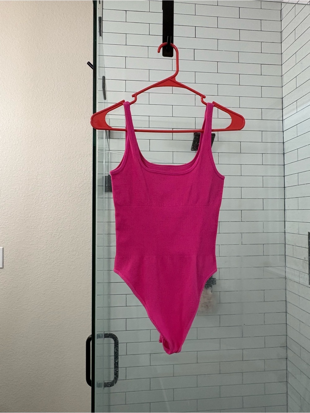 Women's Ribbed Scoop Neck Tank Bodysuit - Hot Pink